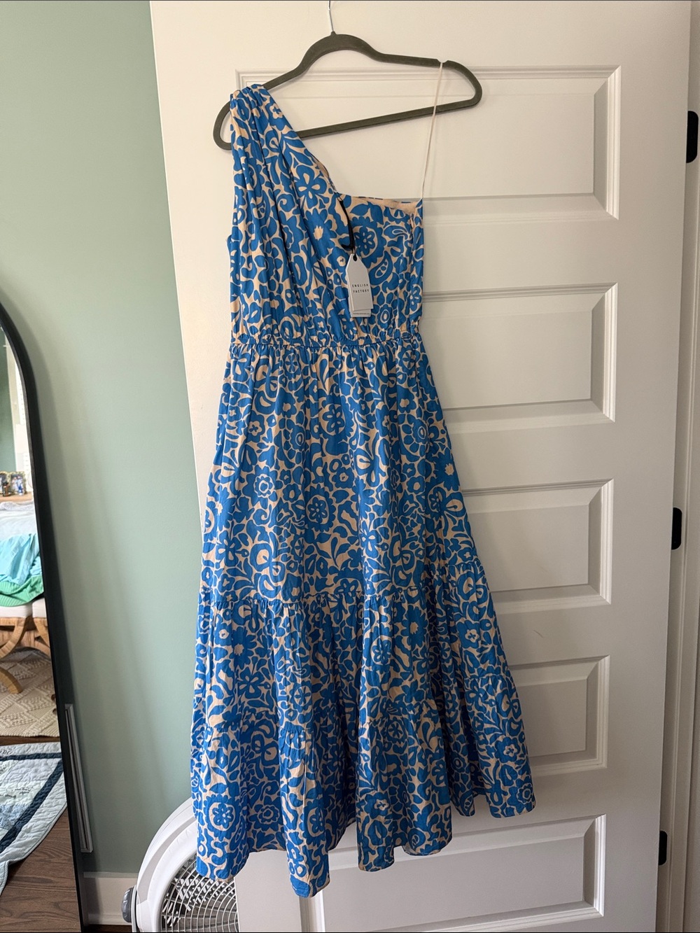 English Factory Blue and Cream One-Shoulder Floral Dress NWT